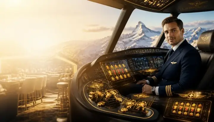 CasinoPilot Cockpit mit 777-Walzen, Instrumenten und Alpenblick